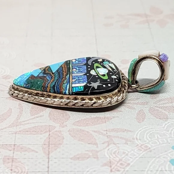 Sheryl Martinez Navajo Micro Inlay and Sterling Cosmic Pendant - Picture 3 of 5